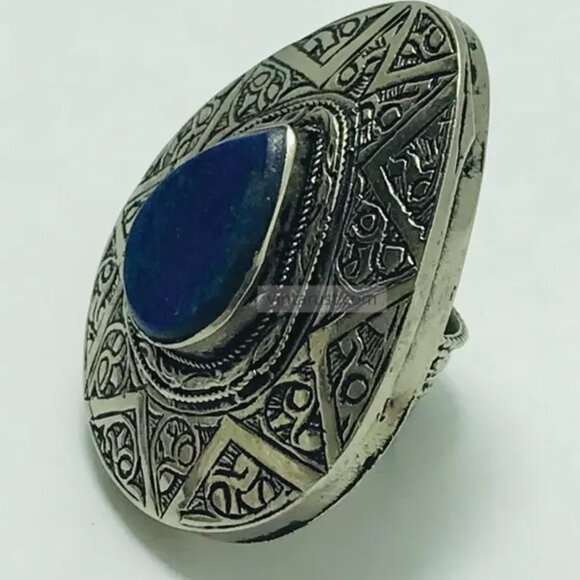 Silver Boho Adjustable Ring with Blue Gemstone, Handmade Silver Blue Stone Ring - Picture 4 of 9